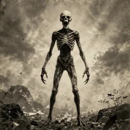 big forehead, horrifying, killer, creepy, dead, monster, tall, skinny, open mouth, deathly, old picture