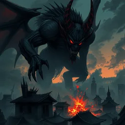 dark demon, with red eyes, having over a destroyed city, anime, trending on artstation, hiroaki tsutsumi style