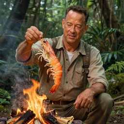 Tom Hanks as forrest holding a giant shrimp over a campfire in the jungle, realistic digital painting, in the style of Aleksi Briclot, photoreailstic, realistic face, amazing detail, sharp