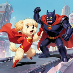 a cream colored havanese dog superhero fighting an evil super villain robot cat on a futuristic bridge wide shot, highly coherent, saga comic, fiona staples graphic novel