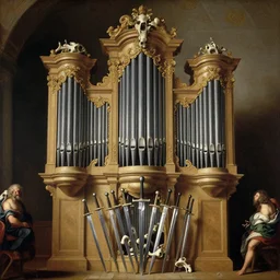 baroque pipe organ made of swords and bones, detailed baroque painting by caravaggio and alan lee