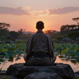 ant view of a zen master, in a lotus position, symmetrical body, clothed in a beautiful kimono quietly sitting in a rock garden overlooking a pond of lilly pads during a sublime sunset, one sun, his dark silhouette completely obscured by bokeh, colorful masterpiece photography,