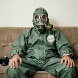 a man wearing a green hazmat suit and gasmask, sitting on a couch, relaxed, nostalgia, 1990's photo