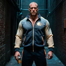 Olympic Gold Medalist Kurt Angle, wearing a tracksuit, standing in a dark alleyway, holding a can of beans, cyberpunk