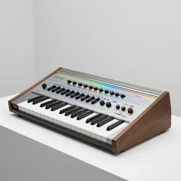 dezeen showroom , minimalissimo, archdaily, , teenage engineering moad, mother of all decks, product design concept,product shot of moog melotron synthesizer with dichroic glass designed by java architecture, jony ive, dieter rams, 8k, highly detailed photo