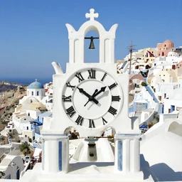 clock city, santorini, fantasy, precisionism, peter blume, greg rutkowski