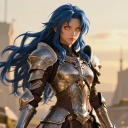 An anime portrait of a beautiful D&D half-orc female with long wavy dark blue hair, bright orange eyes, intricate full body armour, fantasy soldier, by Stanley Artgerm Lau, WLOP, Rossdraws, James Jean, Andrei Riabovitchev, Marc Simonetti, and Sakimichan, highly detailed, ultra detailed, golden hour, trending on artstation, cgstudio