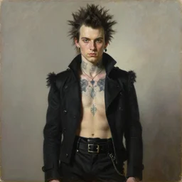 portrait of a handsome man in a black outfit, punk, shirtless tattoos, piercings, a flemish baroque by alexander mcqueen, art by john collier by greg rutkowski and craig mullins, oil on canvas