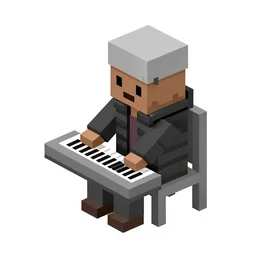 an isometric minimal cute voxel sprite of a 🧔🏿 wearing a gray do rag and a black winter puffer coat, sitting in a chair and playing a keyboard synthesizer, white background,