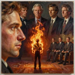 face view, one men burning in fire flames standing alone in suite, piotr jablonski, norman rockwell, tim hildebrandt, mark maggiori, jeff dekal, long shot, hyperrealistic oil painting on canvas, deep depth field, cinematic composition, hyper - detailed, hdr, 8 k, 4 k