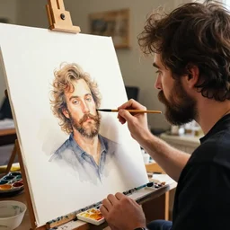 a photo of a man with a mustache and shaggy hair painting a watercolor!!! painting of himself painting the painting of himself!!!!, 8 k 8 5 mm f 5. 6