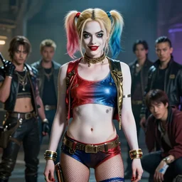 a portrait of a Margot Robbie Harley Quinn as a succubi with underwear on by Greg Rutkowski, Sung Choi, Mitchell Mohrhauser, Maciej Kuciara, Johnson Ting, Maxim Verehin, Peter Konig, final fantasy , mythical, 8k photorealistic, cinematic lighting, HD, high details, atmospheric,