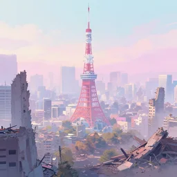 an apocalyptic ruins in a destroyed tokyo in the year 2 3 0 0, pastel, colorful, foggy, digital art
