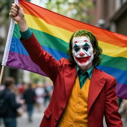 the joker waving a rainbow flag