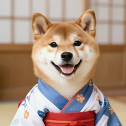 a cute adorable shiba innu, smiling, wearing a kimono