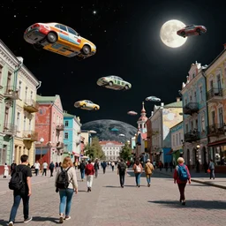 people on the streets of a Soviet slum city on the Moon, lots of flying cars, colorful, lively, black sky full of stars, blinding sun, Neo Norilsk, Neo Kyiv, sci-fi, lots of flying cars, levitation, cyberpunk outfits, photorealistic, grainy, 35mm, intricate, very very beautiful, elegant, smooth, cinematic, Unreal Engine 5, by Beeple, trending on Artstation HD