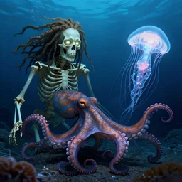 underwater photography of a human skeleton with glowing eyes and dreadlocks in symbiosis with an octopus and a jellyfish, bioluminescence, by amandine van ray and andreas franke and h. r. giger and andrew whem, digital illustration