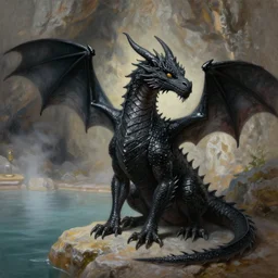 a black dragon sitting, highly detailed oil painting of a hotspring in cave, featured on artstation