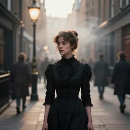 A young Victorian woman wearing a black dress and hair in a bun, standing in a busy Victorian London back alley. Evening sunlight. Smog.  Atmosphere. Gaslight street lamps. 8K. detailed. photorealism. artstation. 25mm f/1.7 ASPH Lens. ultra realistic
