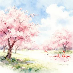 watercolor landscape, cherry blossoms, bright sky, clouds, flamingos, overexposed lighting,