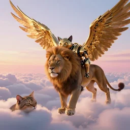 the ancient world, hyper complexity, highly detailed, cinematic lighting, pastel colored sunrise, flying robotic cat with gold metal huge wings on its back in the cloudy sky, sharp outlines, complete whole lion body, another sleeping cat face in the clouds watching each other, hyperrealistic, trending on pixiv fanbox, love death robot,
