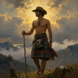 an ethereal dramatic epic beautiful painting of a shirtless desi man | he is wearing a plaid kilt and cowboy hat, and holding a walking stick | background is mountains and clouds | dramatic lighting, golden hour, homoerotic | by mark maggiori and walter crane and alphonse mucha | trending on artstation