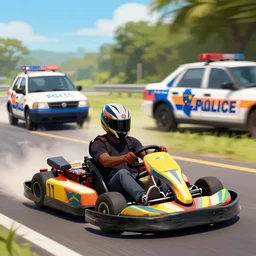 Jamaican man, in go-kart, chased by police, digital art