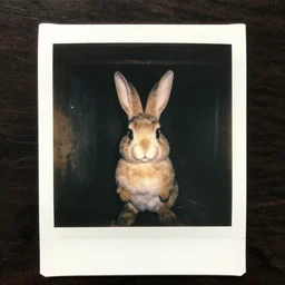 an eerie polaroid photograph of a rabbit animatronic looking back from inside the crawlspace, nighttime, dimly lit, creepy