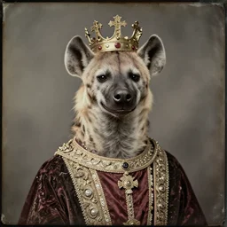 professional studio photo portrait of anthro anthropomorphic spotted hyena head animal person fursona smug smiling wearing crown elaborate pompous royal king robes clothes degraded medium by Louis Daguerre daguerreotype tintype