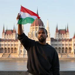 kanye west waving the hungarian flag in budapest, high quality photography, golden hour