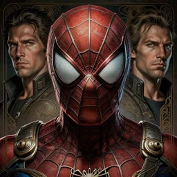 a stunning full - color ancient art nouveau action spiderman approaching a head, extremely detailed and swarthy facial structure, dieselpunk armor, perfectly symmetrical face, linework, proud and honorable face, by bill sienkiewicz, travis charest and michael golden, dark sci - fi, deep complexity, superhero character concept art, photorealism, stunning framing, dim volumetric lighting, hyperrealism, 8 k