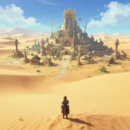 a beautiful isolated sacred spiritual fantasy alien village in a vast sand desert, player character, screenshot, gameplay, final fantasy, square enix, squaresoft, jrpg, unreal engine