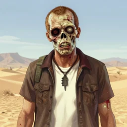 a face portrai sketch of a decomposing zombie in a desert, gta 5 cover art style, in costume, the desert is in watercolor, super man zombie face, pencil, intermediate art, paper art, pencil, bold lines, terrifying, by an horror artist