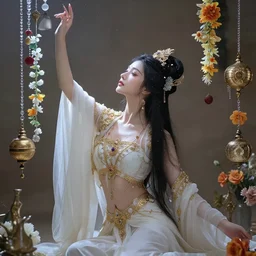 beautiful woman reaching nirvana, surrounded by ornaments and flowers
