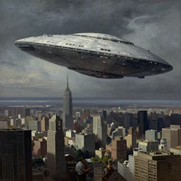 a stunning painting of huge alien spaceship flying over a big city, by thomas kinkade and john aktinson grimshaw, matte painting, moody palette