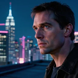 2 0 1 8 blade runner movie still man look at the cityscape from roof perfect face fine realistic face pretty face neon puffy