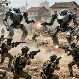 Ragtag militia with assault rifles fighting advanced combat robots in a village, combat photography by Feng Zhu, highly detailed, excellent composition, cinematic concept art, dramatic lighting, trending on ArtStation