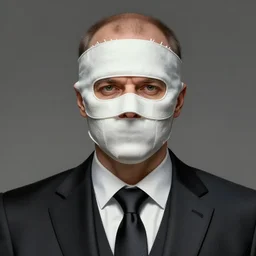 a man wearing a bandage mask and formal suit, digital illustration, matte painting, hyperrealistic, photoreal, symmetry, highly detailed, sharp focus, 8 k, hd, intricate, by beksinski and rutkowski