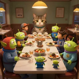 long table big family style diner in the artistic style of slightly surreal cat in the cat book iconography but replace cat with little green aliens wearing costumes highly detailed