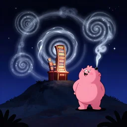 nightscape chubby cartoon concept art, casino over a hill, spiral shapes, sam and max, liquid smoke