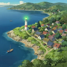Very small fantasy village on a cape with a lighthouse shining with green light, fishing boats, view from above. by Greg Rutkowski, by Jesper Ejsing, by Makoto Shinkai,trending on artstation,concept art,highly detailed,8k