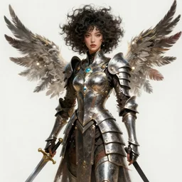 a woman with a sword and armor standing in front of a white background, concept art by Mei Qing, featured on polycount, afrofuturism, concept art, polycount, made of feathers