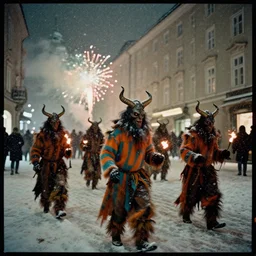 kodak portra 4 0 0, winter, snowflakes, snowstorm, award winning dynamic photograph of a bunch of hazardous krampus by robert capas, in muted colours, striped orange and teal, motion blur, on a street in salzburg at night with colourful pyro fireworks and torches