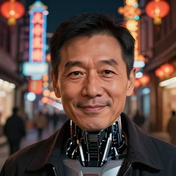 closeup portrait of a middle - aged cyborg man, slight smile, street at night with lanterns and neon signs, chinese new year in shanghai, art by rebecca guay and greg rutkowski