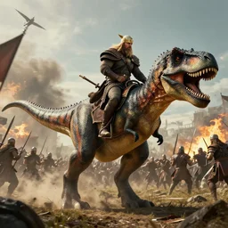 viking riding a t-rex into battle