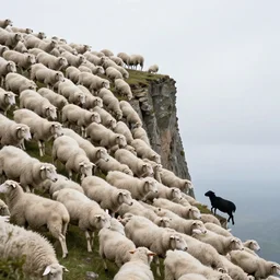 hundreds of white sheep falling from a cliff and one black sheep going against the crowd w - 1 9 2 0 h - 7 6 8