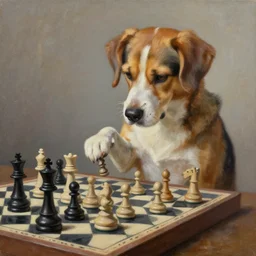 a dog playing chess, oil on canvas, fantasy, high detail, masterpiece