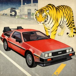 a red delorean and yellow tiger, art by hsiao - ron cheng and utagawa kunisada, magazine collage, # de 9 5 f 0