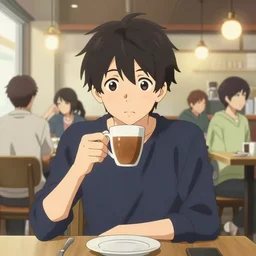 anime visual of a young man having coffee at a busy cafe while on a date interior a few people, cute face by ilya kuvshinov, makoto shinkai, kyoani, masakazu katsura, dynamic pose, crisp and sharp, yoshinari yoh, rounded eyes, anime poster, cel shaded