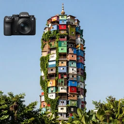 a single high tower made up of various colourful makeshift squatter shacks, surrounded by ivy, sony a 7 r 3, f 2 2, fully frontal view, photographed by ansel adams, ultra detailed,